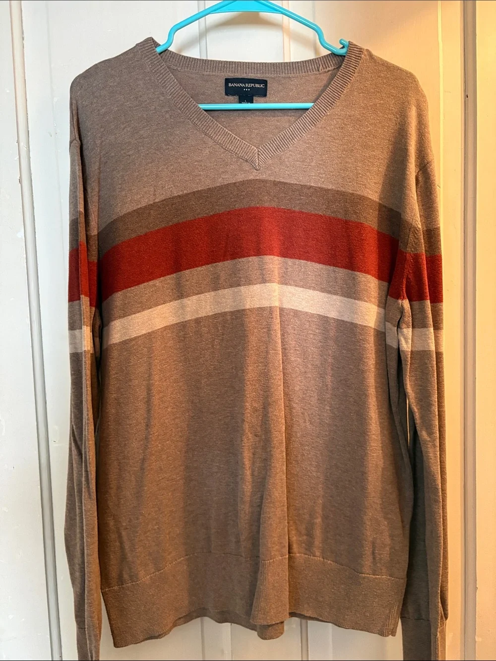 Banana Republic Men's V-Neck Sweater in Brown with Red & White Stripes